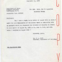 Copy of letter to R. B. (Ruth B.) Shipley, Passport Division, United States Department of State, September 10, 1952