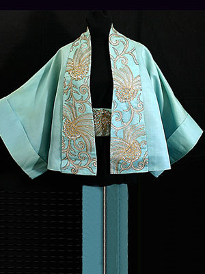 Lanvin-Castillo jeweled silk organza evening jacket with matching obi sash, c.1950. 