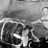 William "Red" Hill Junior posing in the "Thing" in which he lost his life August 5 1951