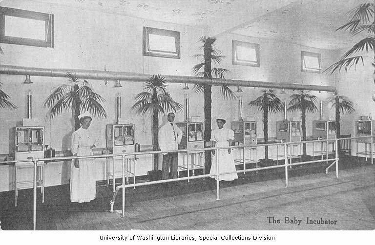 Baby Incubator exhibit interior, Alaska-Yukon-Pacific Exposition, 1909